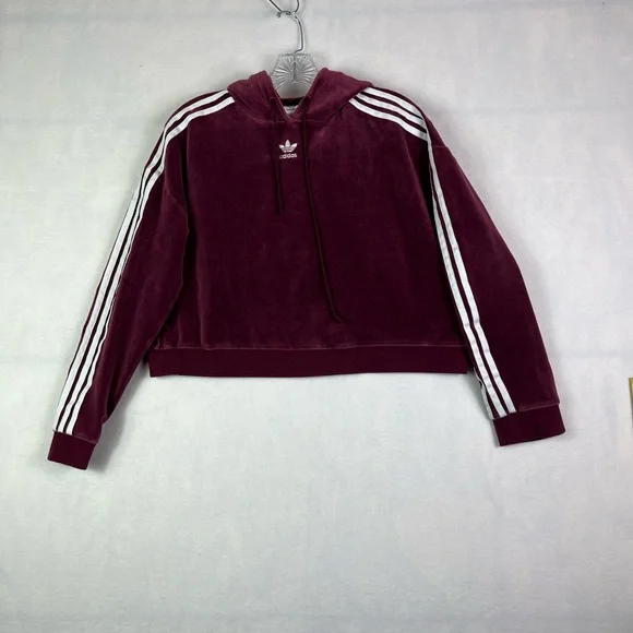 adidas Originals Cropped Velour Hoodie in Maroon/Burgundy Sz S - Picture 4 of 12